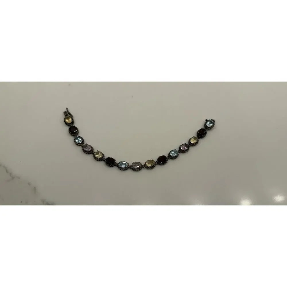 925 Thailand Sterling Silver Multi Color Gemstone Tennis Bracelet Vintage 8” 18g